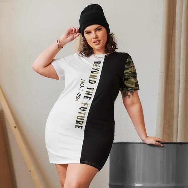 

Plus Slogan Graphic Camo Paneled Dress, Multicolor