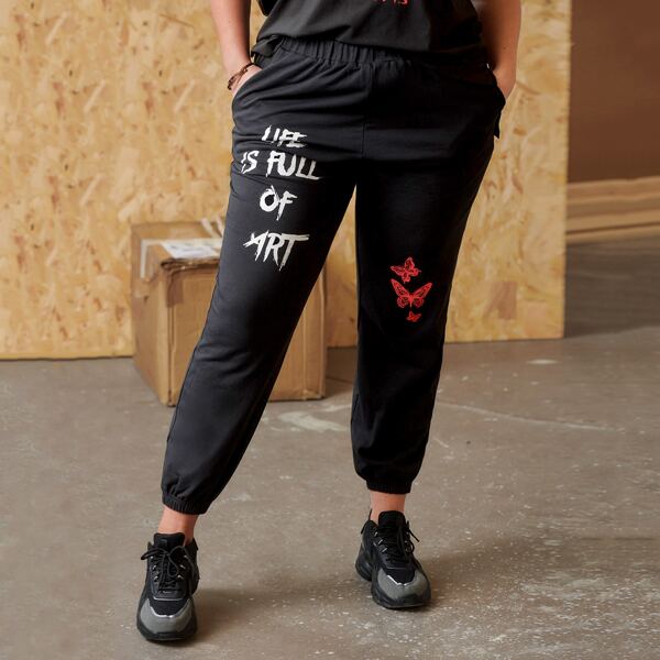 

Plus Slogan & Butterfly Print Sweatpants, Black