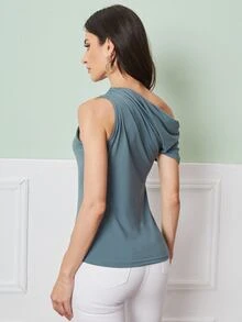 SHEIN Top unicolor fruncido de cuello asimétrico - Azul Cadete - Ver 2