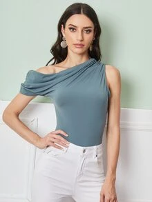 SHEIN Top unicolor fruncido de cuello asimétrico - Azul Cadete - Ver 3