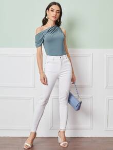 SHEIN Top unicolor fruncido de cuello asimétrico - Azul Cadete - Ver 4