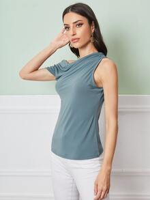 SHEIN Top unicolor fruncido de cuello asimétrico - Azul Cadete - Ver 5