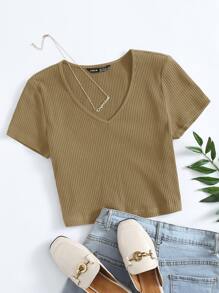 SHEIN EZwear V-Neck Rib-knit Top - Khaki - View 1
