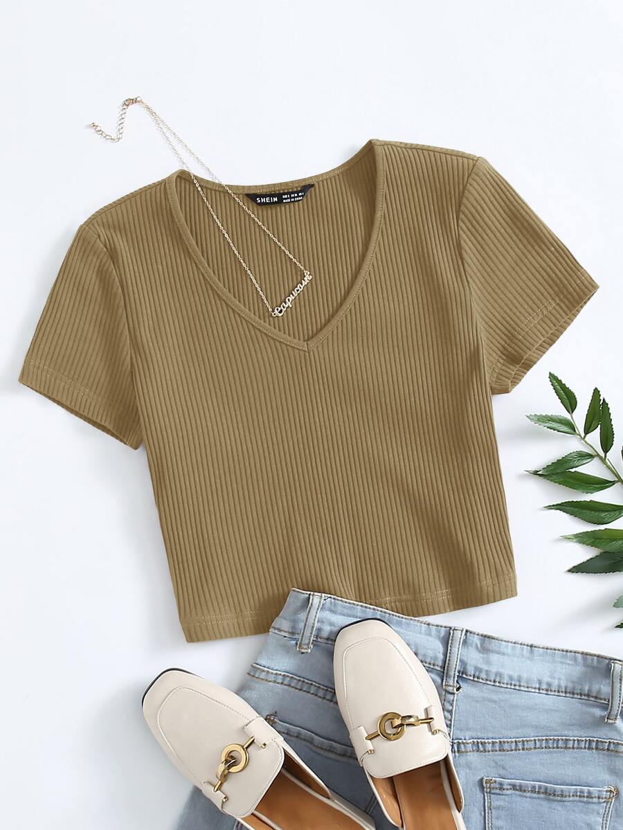 SHEIN EZwear V-Neck Rib-knit Top - Khaki - View 1