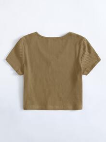 SHEIN EZwear V-Neck Rib-knit Top - Khaki - View 2