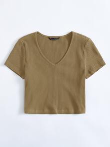 SHEIN EZwear V-Neck Rib-knit Top - Khaki - View 3