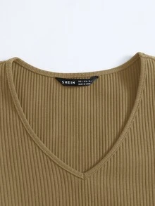 SHEIN EZwear V-Neck Rib-knit Top - Khaki - View 4