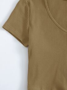 SHEIN EZwear V-Neck Rib-knit Top - Khaki - View 5