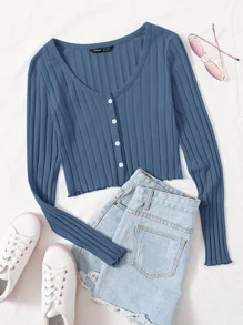 SHEIN Qutie Buttoned Front Lettuce Trim Rib-knit Top - Dusty Blue - View 1
