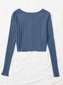 SHEIN Qutie Buttoned Front Lettuce Trim Rib-knit Top - Dusty Blue - View 2