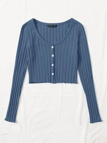 SHEIN Qutie Buttoned Front Lettuce Trim Rib-knit Top - Dusty Blue - View 3