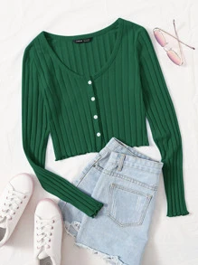 Muchica Buttoned Front Lettuce Trim Rib-knit Top - Dark Green - View 1