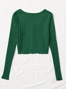 Muchica Buttoned Front Lettuce Trim Rib-knit Top - Dark Green - View 2