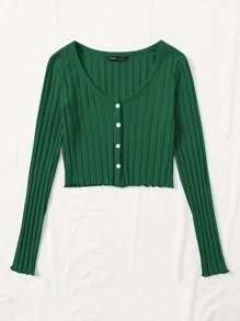 Muchica Buttoned Front Lettuce Trim Rib-knit Top - Dark Green - View 3