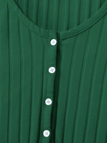 Muchica Buttoned Front Lettuce Trim Rib-knit Top - Dark Green - View 5