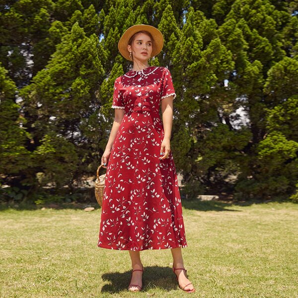 

Peter Pan Collar Lace Trim Floral Dress, Burgundy