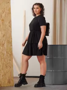 SHEIN EZwear Plus Solid Frill Detail Dress - Black - View 3