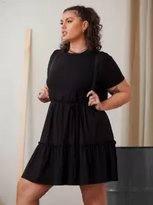 SHEIN EZwear Plus Solid Frill Detail Dress - Black - View 5