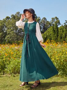 SHEIN Vestido de color combinado de manga farol con cordón delantero de color combinado - Verde - Ver 1