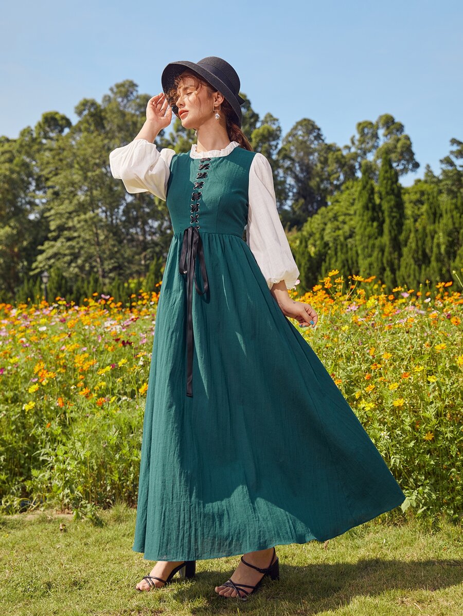 SHEIN Vestido de color combinado de manga farol con cordón delantero de color combinado - Verde - Ver 1
