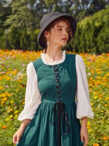 SHEIN Vestido de color combinado de manga farol con cordón delantero de color combinado - Verde - Ver 4