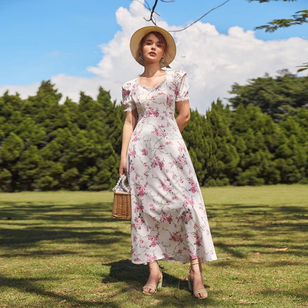 

Sweetheart Neck Puff Sleeve Floral Dress, White