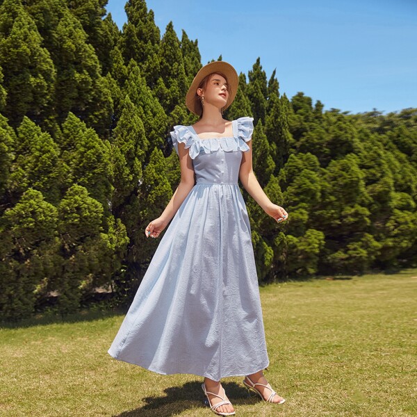 

Ruffle Armhole Striped Dress, Baby blue