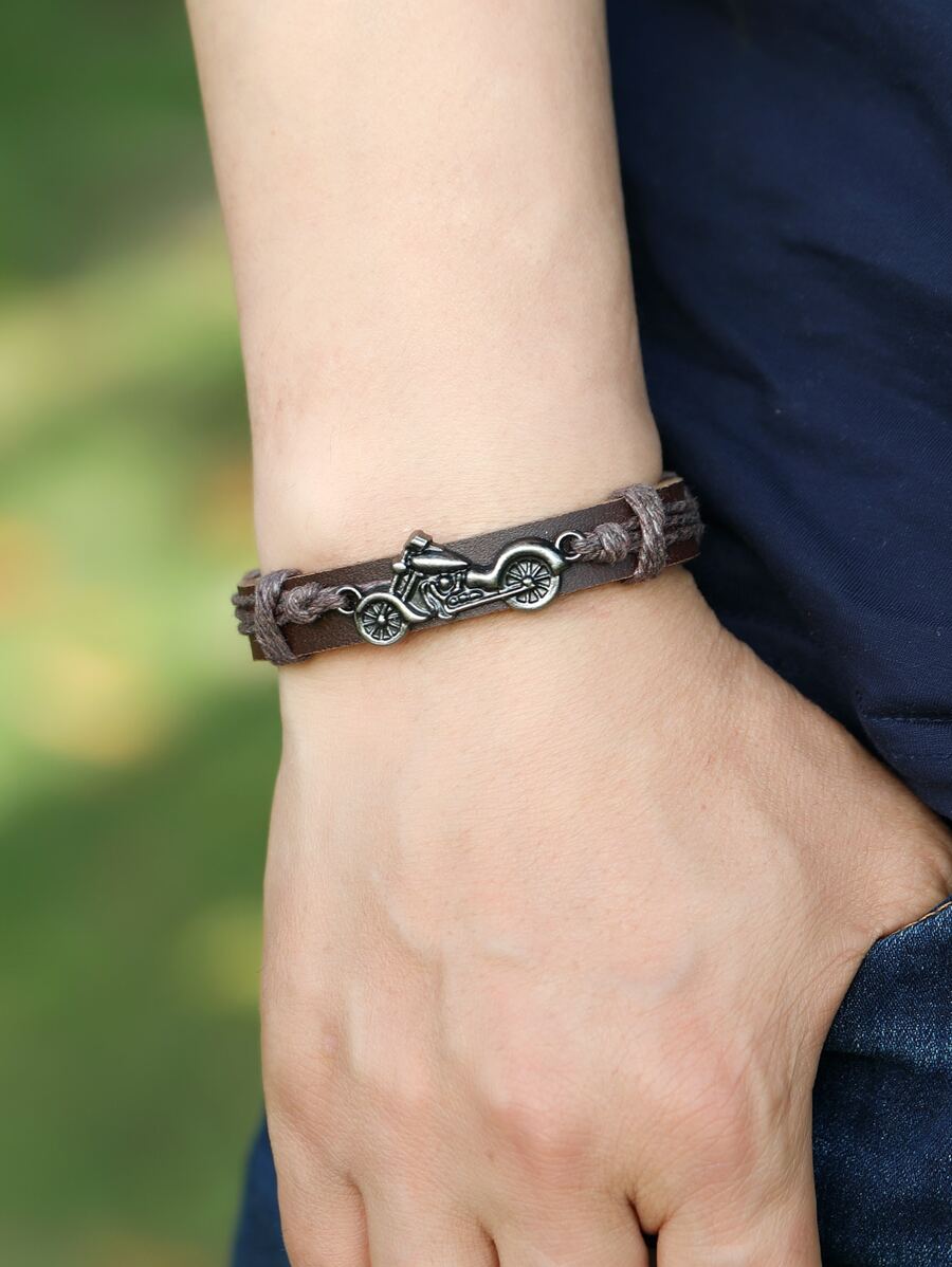Fashionable and Popular Men Motorcycle Decor Bracelet PU for Jewelry Gift and for a Stylish Look - Brown - View 1