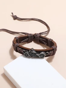 Fashionable and Popular Men Motorcycle Decor Bracelet PU for Jewelry Gift and for a Stylish Look - Brown - View 3