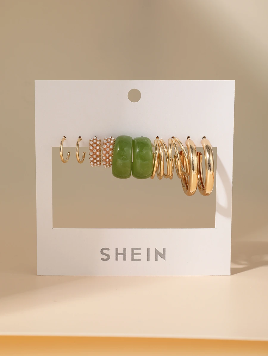 5對人造珍珠裝飾耳環 - 金黃色 - 查看 1