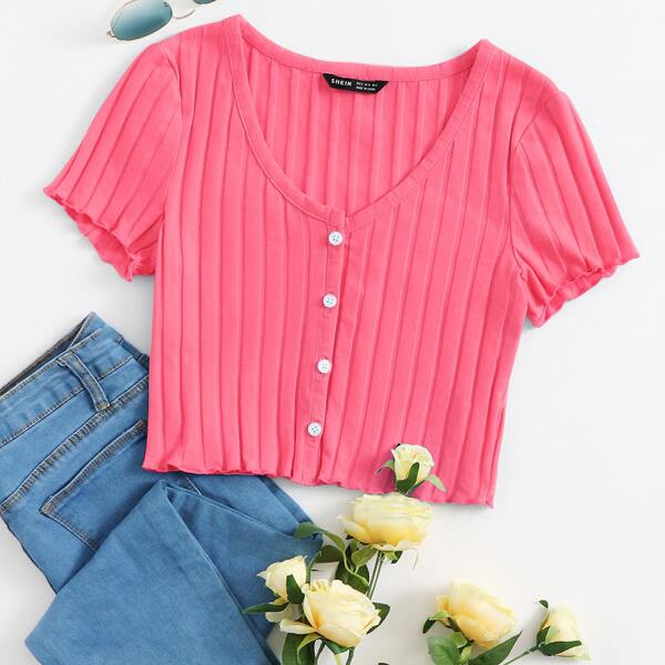 

Button Up Rib-knit Crop Top, Pink