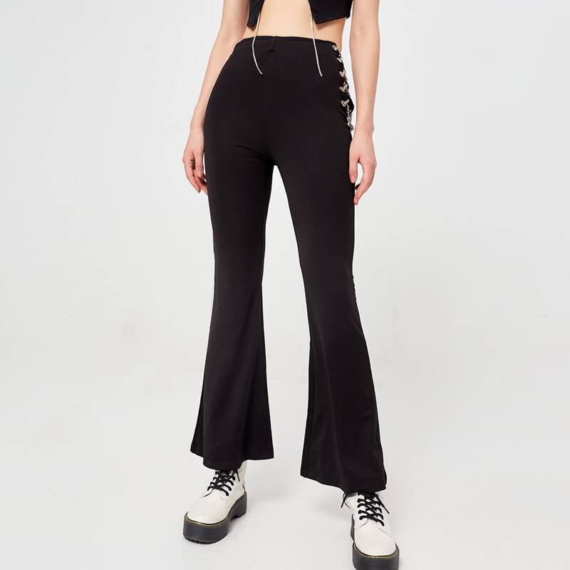 

Crisscross Chain Side Flare Leg Pants, Black