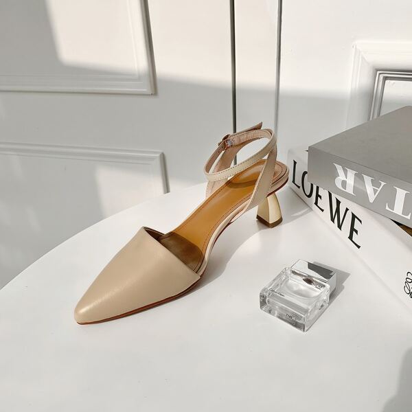 

Point Toe Sculptural Heeled Leather Pumps, Apricot