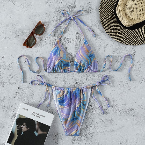 

Marble Print Halter Triangle Bikini Swimsuit, Multicolor
