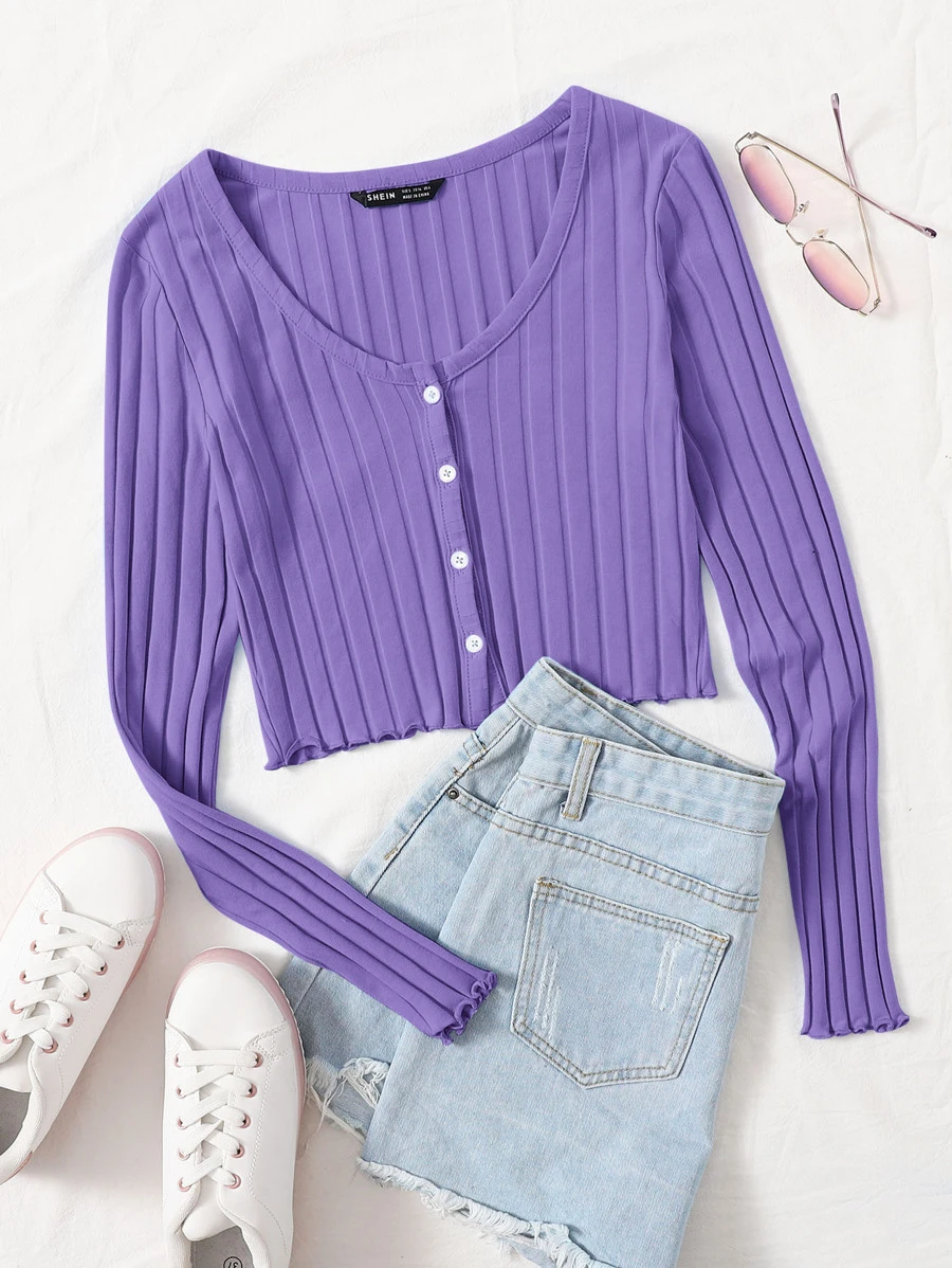 Muchica Buttoned Front Lettuce Trim Rib-knit Top - Purple - View 1