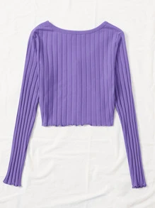 Muchica Buttoned Front Lettuce Trim Rib-knit Top - Purple - View 2