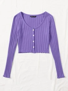 Muchica Buttoned Front Lettuce Trim Rib-knit Top - Purple - View 3