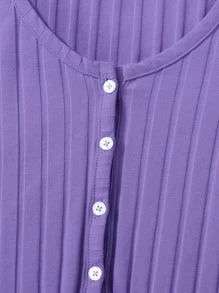 Muchica Buttoned Front Lettuce Trim Rib-knit Top - Purple - View 5