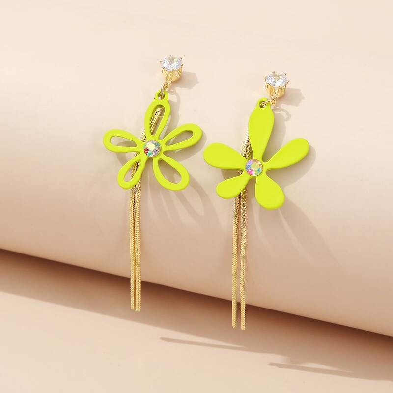 

Rhinestone & Flower Design Drop Earrings, Green
