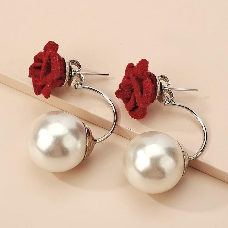

Faux Pearl & Flower Decor Earrings, Red