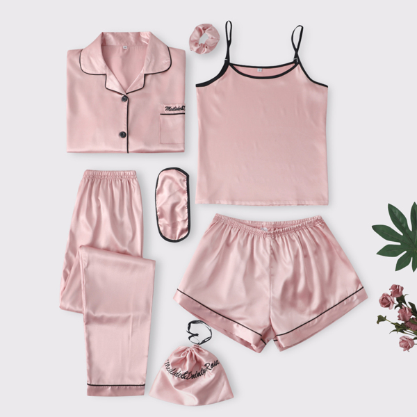 

Атласная пижама с контрастной отделкой 7шт, Нежний розовый