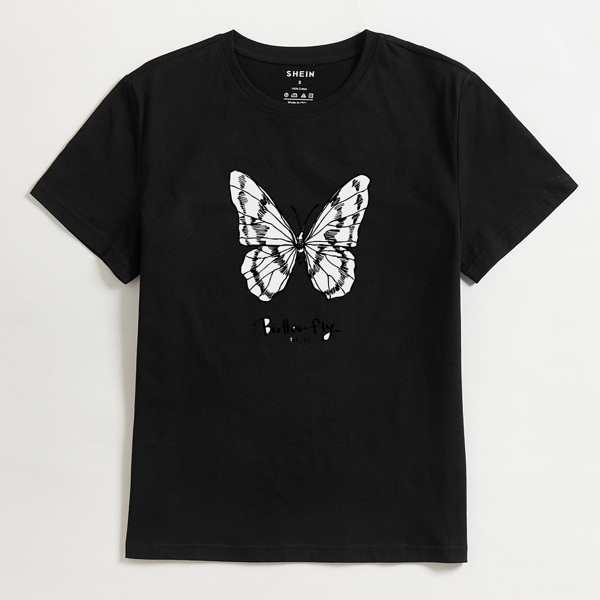 

Butterfly And Letter Graphic Tee, Black