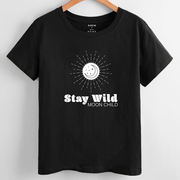 

Sun Moon & Slogan Graphic Tee, Black