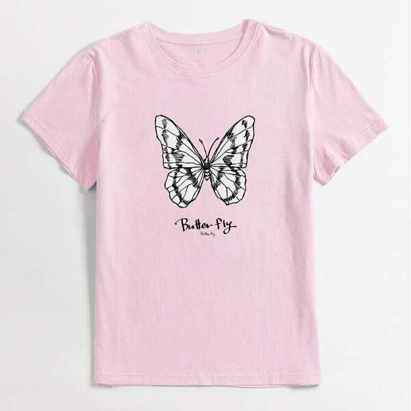 

Butterfly And Letter Graphic Tee, Baby pink