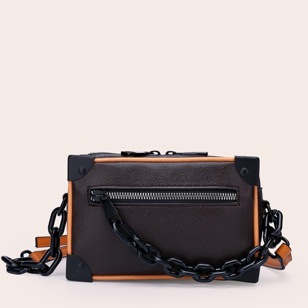 

Men Chain Decor Crossbody Bag, Coffee brown