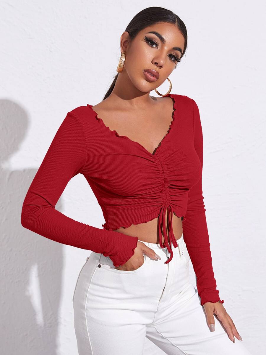 SHEIN Privé Lettuce Trim Drawstring Ruched Front Solid Tee - Red - View 1