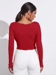 SHEIN Privé Lettuce Trim Drawstring Ruched Front Solid Tee - Red - View 2