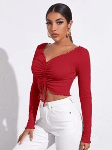 SHEIN Privé Lettuce Trim Drawstring Ruched Front Solid Tee - Red - View 3