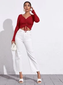 SHEIN Privé Lettuce Trim Drawstring Ruched Front Solid Tee - Red - View 4