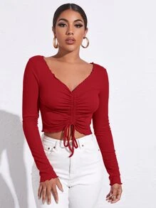 SHEIN Privé Lettuce Trim Drawstring Ruched Front Solid Tee - Red - View 5